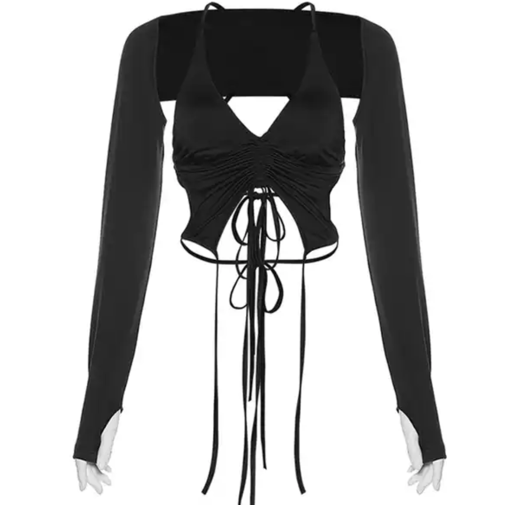 Discover this trendy y2k inspired black top halter top with detachable long sleeves 